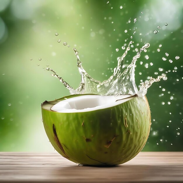 Photo a green coconut with water splashing out of it