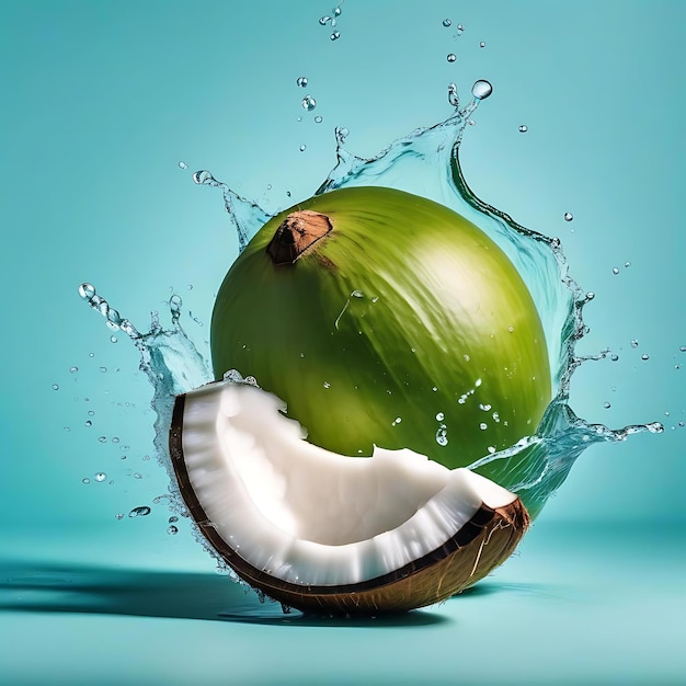 a green coconut with a white toothpick in it is being splashed with water