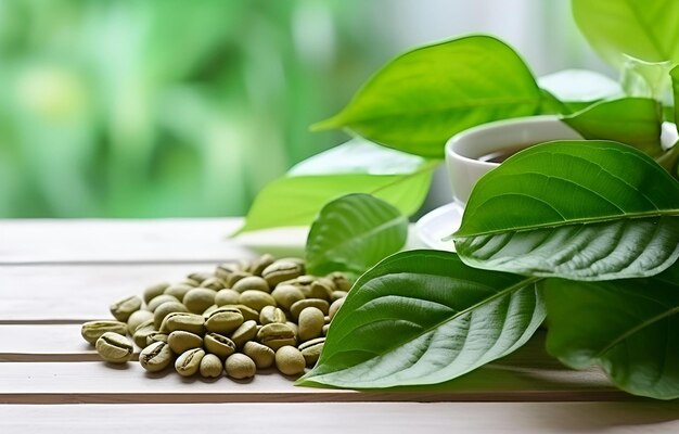 사진 녹색 커피 콩과 신선한 잎이  나무 테이블에 부드럽게