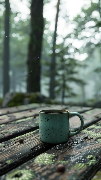 Photo a green coffee mug sits on a wooden table