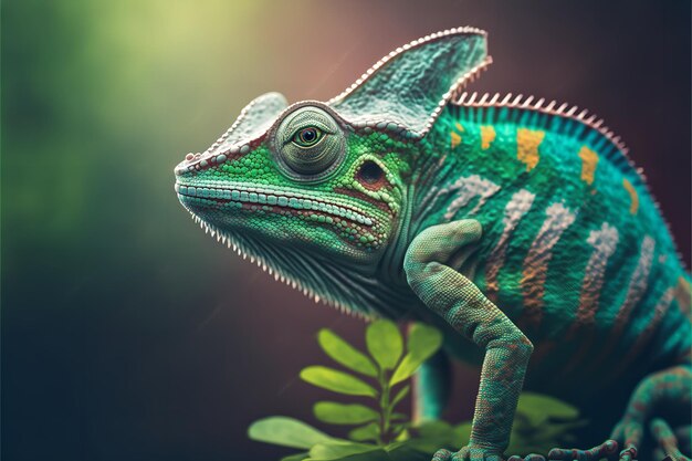 Green color chameleon 3D rendered close up of a green colored chameleon Generative Ai
