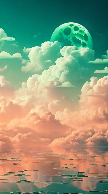 Foto paesaggio celeste a nuvole verdi in stile arte digitale con carta da parati a luna