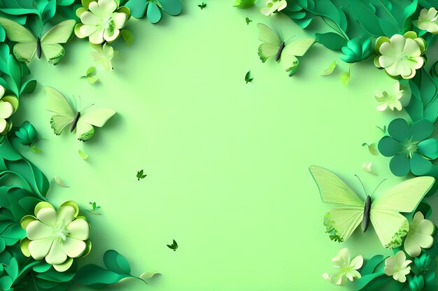 green color frame of clover leaves view butterflies 3d background landscape wallpaper