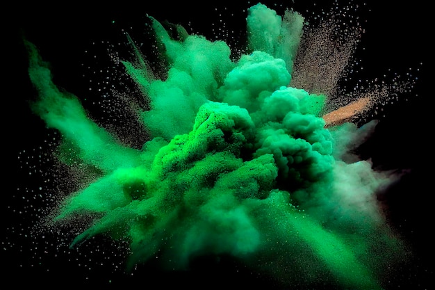 Photo green color powder explosion cloud on black background. green dust splash