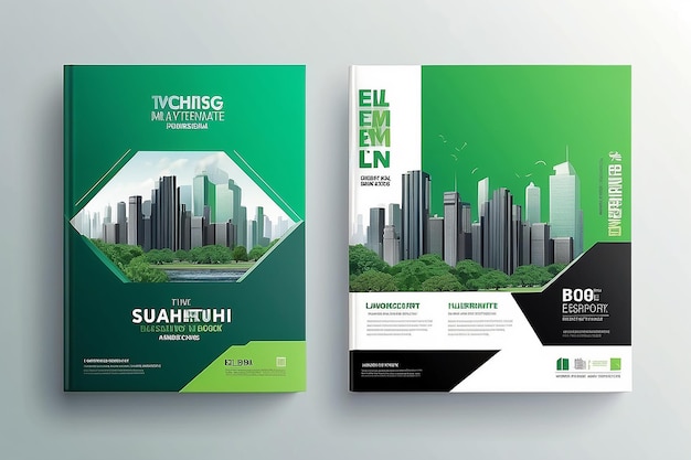 Green Color Scheme with City Background Business Book Cover Design Template in A4 Can be adapt to B