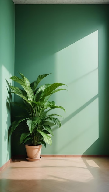 green color wall empty room with real indoor plants on a floor