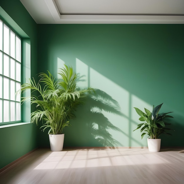 Photo green color wall empty room with real indoor plants on a floor