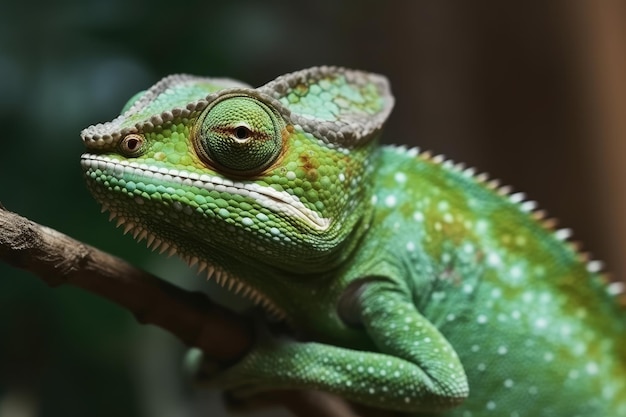 Green colored chameleon close up AI