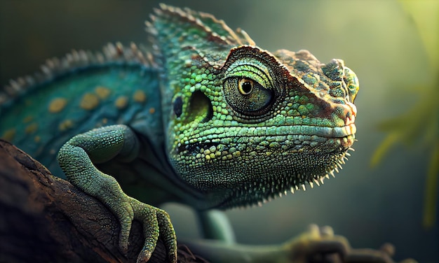 Green colored chameleon close up generative AI