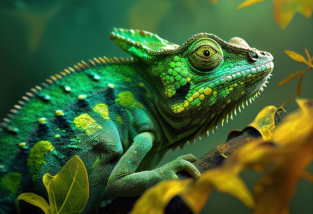 Green colored chameleon close up Generative AI