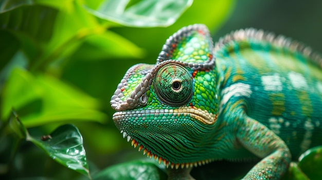 Green colored chameleon close up Head close up of a chameleon panther AI Generative