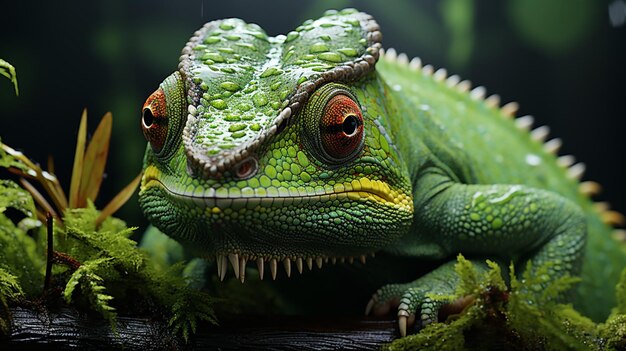 Green colored chameleon close up