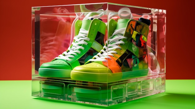Green colored shoes are kept on a glass box in a stylish manner shoes white background