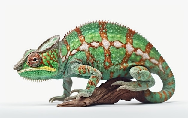 A green colorful chameleon sits on a white background jungle tropical lizard ai generated