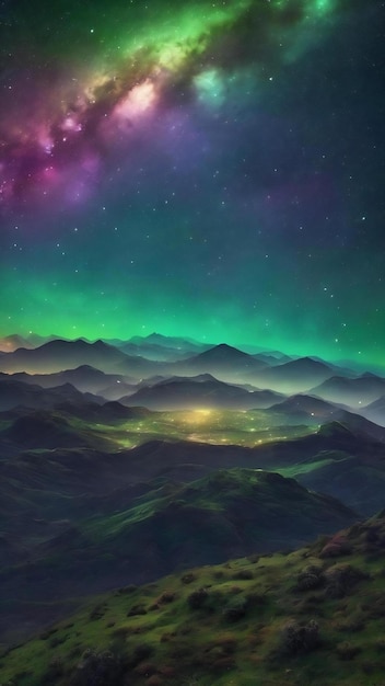 Green colorful starry sky horizontal galaxy background