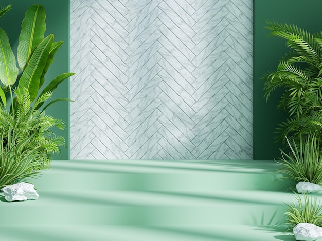 Green colorwith marble wall and plant background for product display 3d rendering