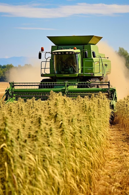 a green combine harvester in a wheat field