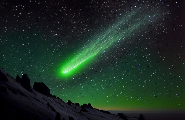 1月の緑色の彗星2月の街の上空でAiを生成