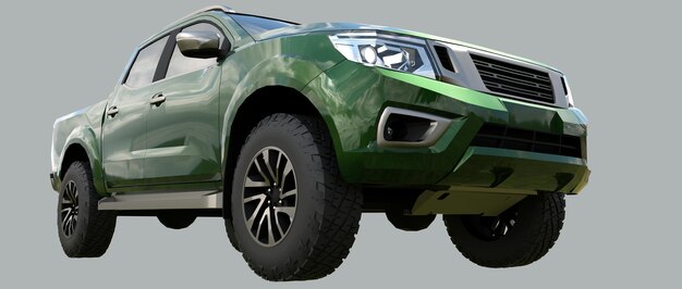 Green commercial vehicle delivery truck with a double cab 3d rendering