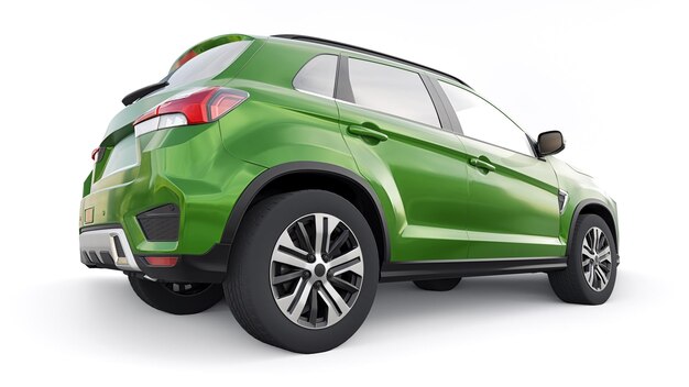 Green compact urban SUV on a white uniform background with a blank body for your design 3d rendering