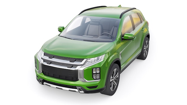 Green compact urban SUV on a white uniform background with a blank body for your design 3d rendering