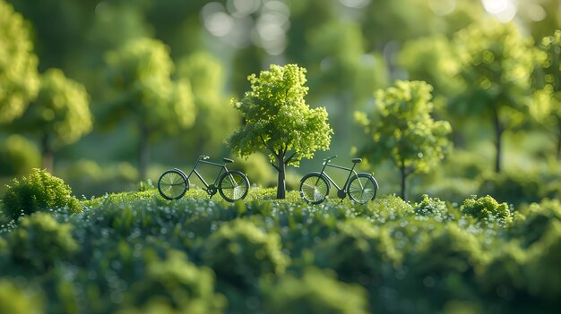 Photo green concept photorealistic bicycle icon surrounded by trees emphasizing the benefits of cycling f