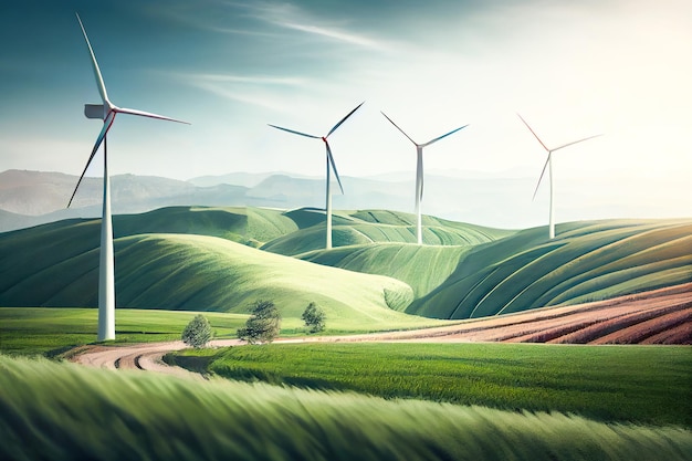 Green concert windmills in the field Generative AI