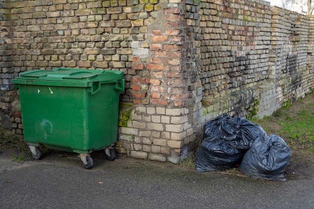 Green container and pile of garbage bags