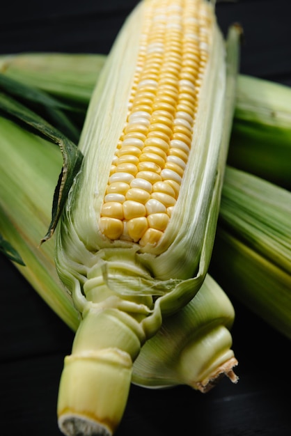 Green corn in closeup raw corn on dark background