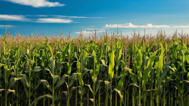 Green cornfield under the clear blue sky