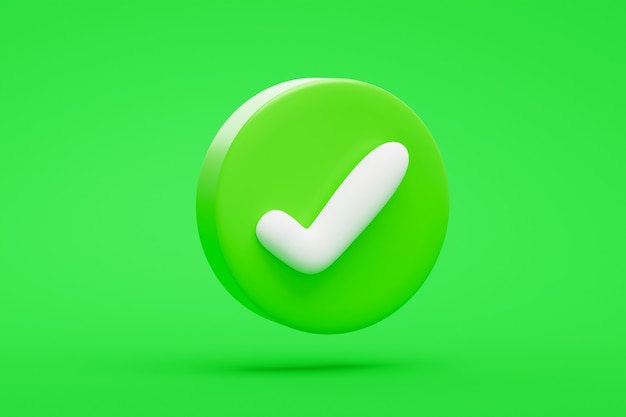 Foto pulsante o simbolo dell'icona del segno corretto verde su sfondo verde rendering 3d