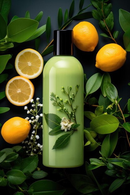 Green cosmetic product bottle for skin body or hair care with green leaves and lemon top view natural cosmetic concept