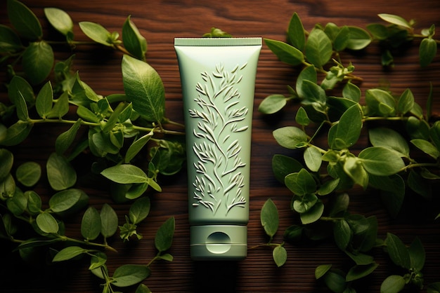 Зеленые косметические трубки с зелеными листьями на деревянном фоне Этикетка для дизайна брендинга Концепция продукта для естественной красоты