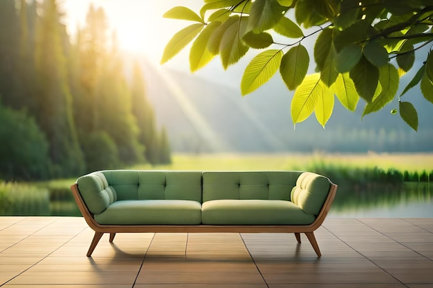 A green couch in front of a lake