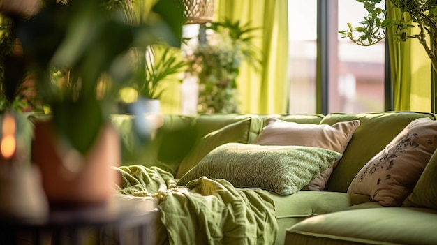녹색 커튼과 녹색 커튼이 있는 거실의 녹색 소파.