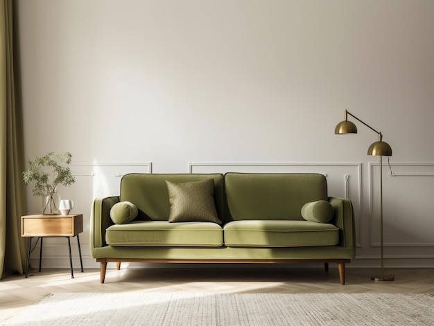 A green couch in a living room with a lamp on the wall.