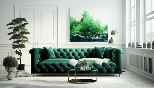 A green couch in a living room with a painting on the wall above it