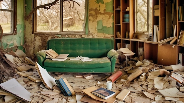 A green couch in a room with a book on the floor and a book on the floor.