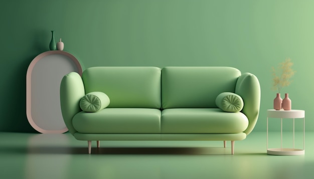 A green couch in a room with a round lamp on the wall.