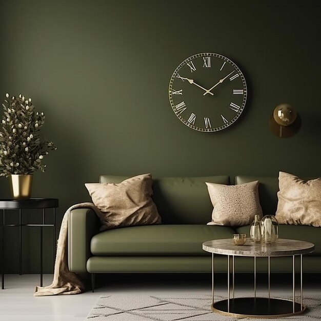 Photo a green couch with a clock on the wall and a coffee table with a coffee table in front of it