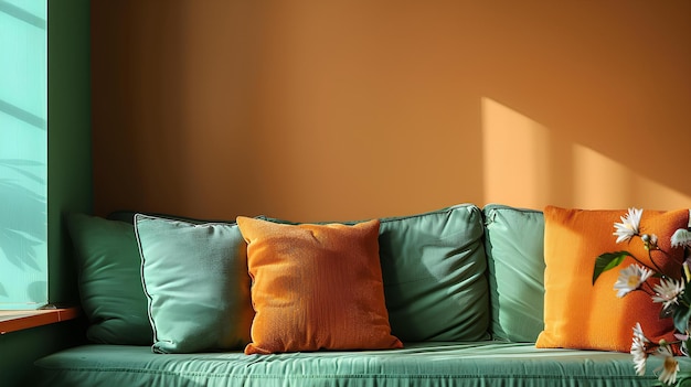 A green couch with orange and green pillows and a vase of flowers on the side of the couch with a