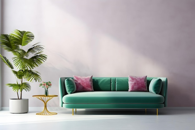Photo a green couch with a plant in the corner of it
