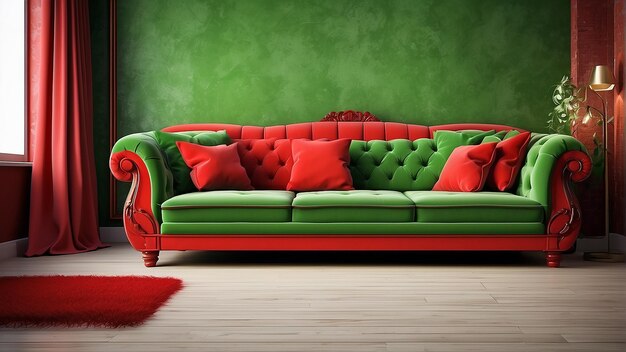 Photo a green couch with red pillows and red pillows