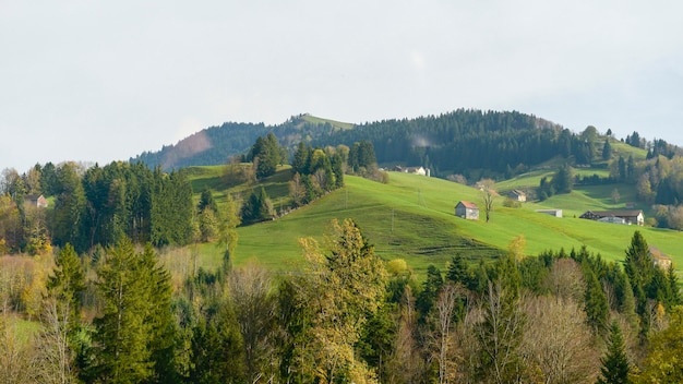 Green countryside village landscape at Autumn in Switzerland