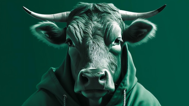 A green cow wearing a hoodie with a green background.