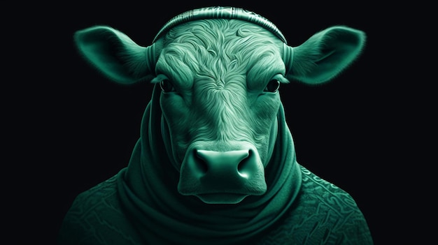 A green cow with a sweater on it