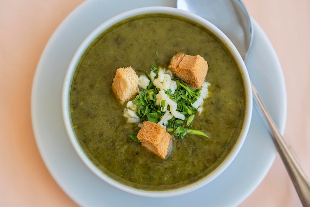 Green cream soup from spinach with croutons cheese and fresh parsley