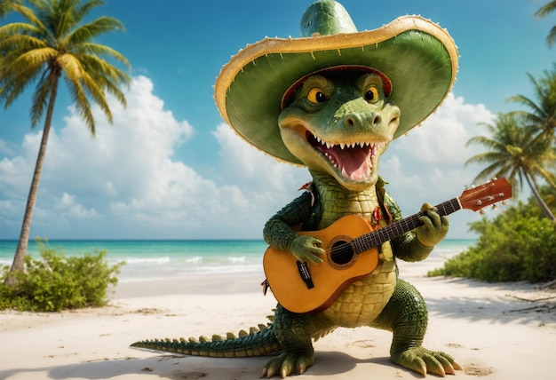 Green crocodile in sombrero and plays the guitar Generative AI