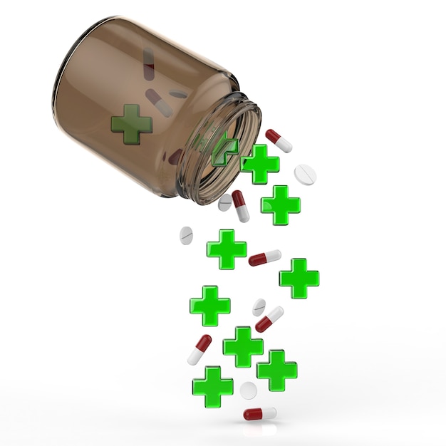 Green cross and pills falling out of bottle