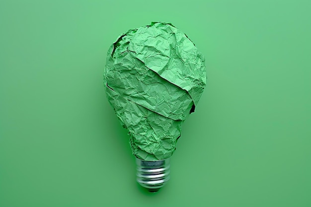 Green crumpled paper light bulb on green background corporate social responsibility ecofriendly